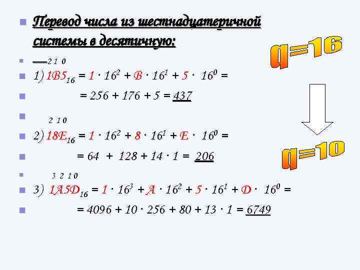 n n n n n Перевод числа из шестнадцатеричной системы в десятичную: 21 0