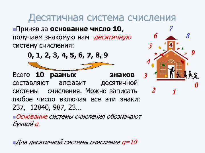 Десятичная система счисления n. Приняв за основание число 10, получаем знакомую нам десятичную систему