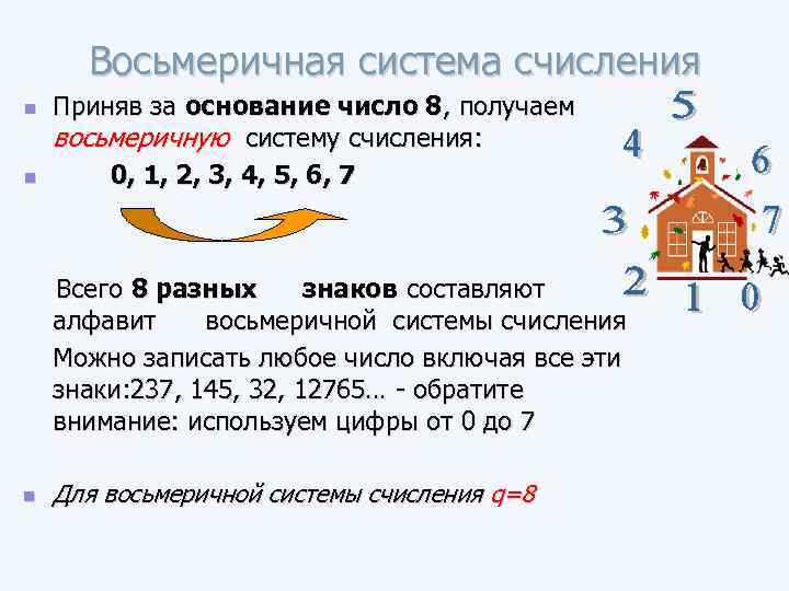 Восьмеричная система счисления n n Приняв за основание число 8, получаем восьмеричную систему счисления: