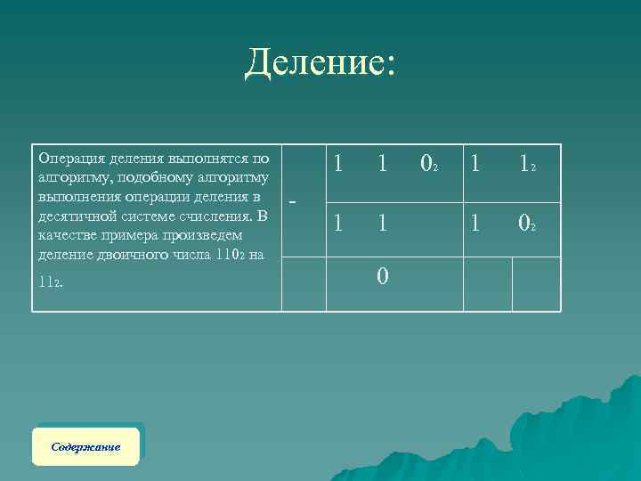 Деление: Операция деления выполнятся по алгоритму, подобному алгоритму выполнения операции деления в десятичной системе