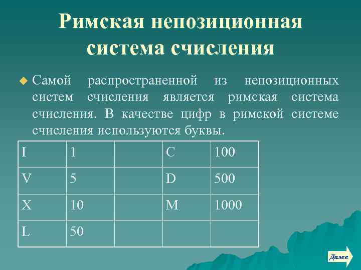 Римская непозиционная система счисления u Самой распространенной из непозиционных систем счисления является римская система