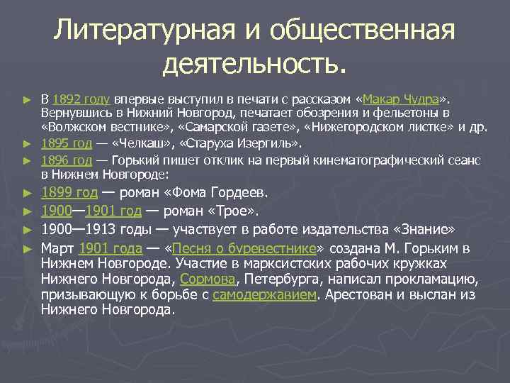 Литературная и общественная деятельность. В 1892 году впервые выступил в печати с рассказом «Макар