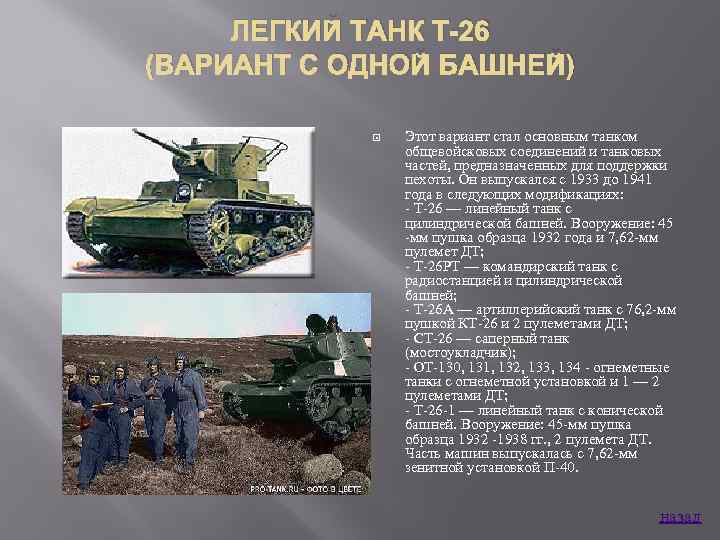 ЛЕГКИЙ ТАНК Т-26 (ВАРИАНТ С ОДНОЙ БАШНЕЙ) Этот вариант стал основным танком общевойсковых соединений