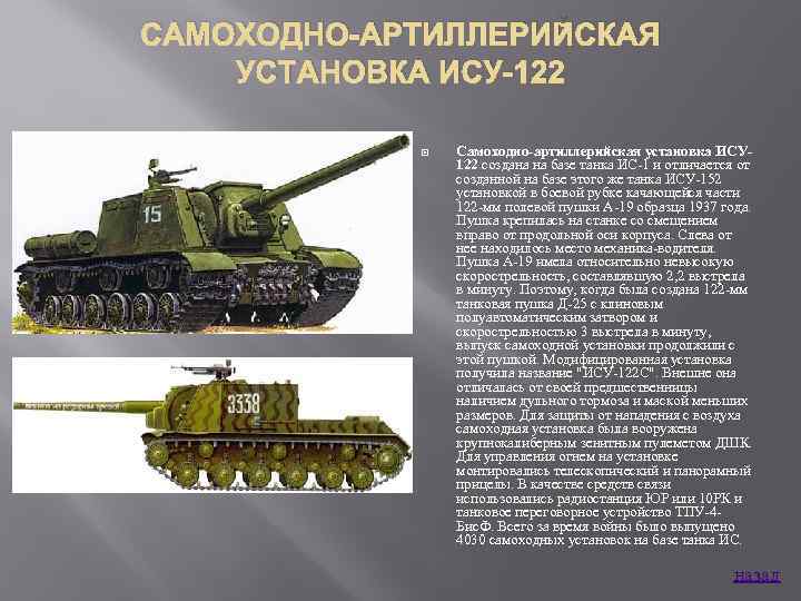 САМОХОДНО-АРТИЛЛЕРИЙСКАЯ УСТАНОВКА ИСУ-122 Самоходно-артиллерийская установка ИСУ 122 создана на базе танка ИС 1 и