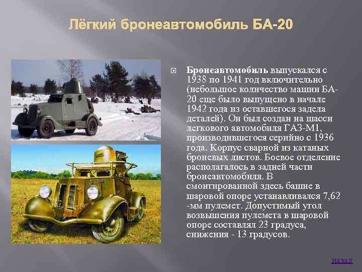 Лёгкий бронеавтомобиль БА-20 Бронеавтомобиль выпускался с 1938 по 1941 год включительно (небольшое количество машин