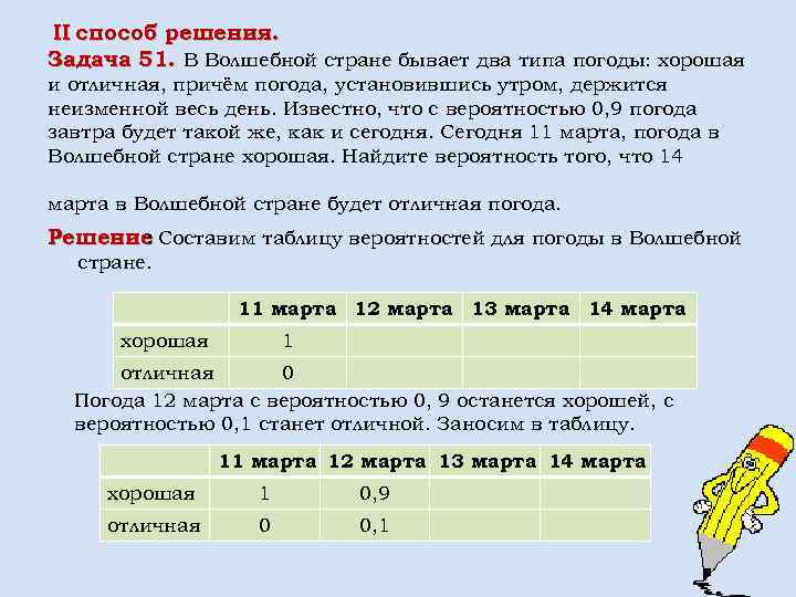  II способ решения. Задача 51. В Волшебной стране бывает два типа погоды: хорошая