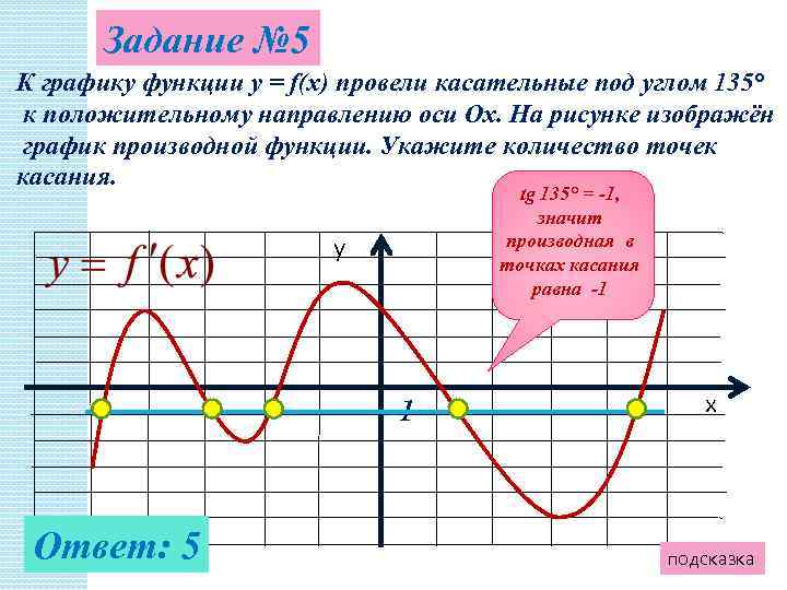Задание № 5 К графику функции y = f(x) провели касательные под углом 135°