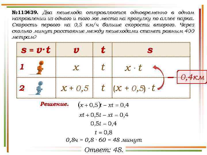 № 113439. Два пешехода отправляются одновременно в одном направлении из одного и того же