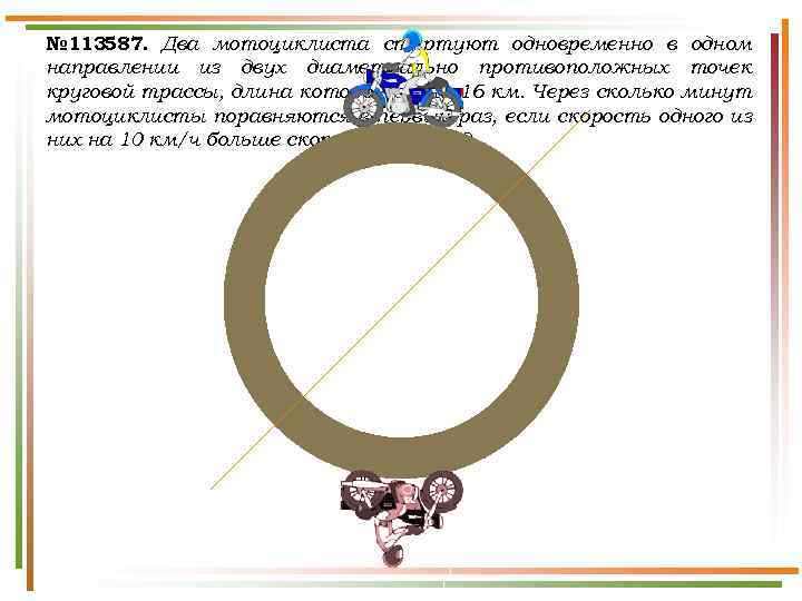 № 113587. Два мотоциклиста стартуют одновременно в одном направлении из двух диаметрально противоположных точек