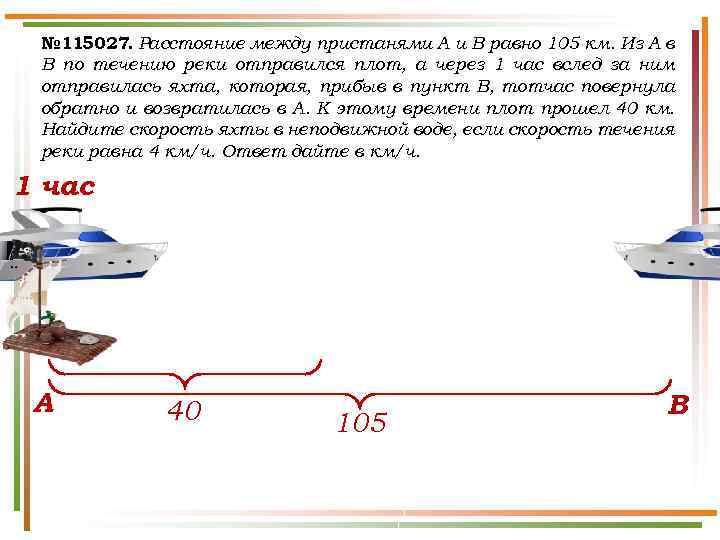 № 115027. Расстояние между пристанями A и B равно 105 км. Из A в