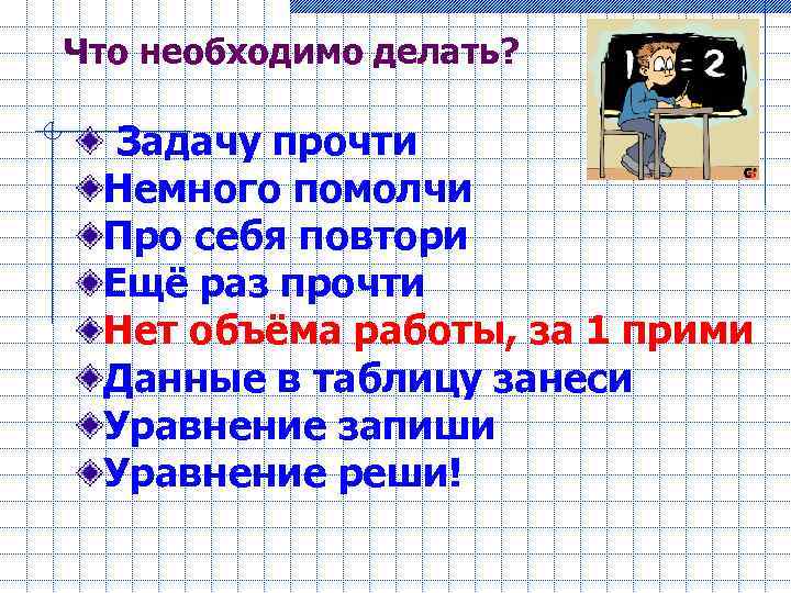 Что необходимо делать? Задачу прочти Немного помолчи Про себя повтори Ещё раз прочти Нет