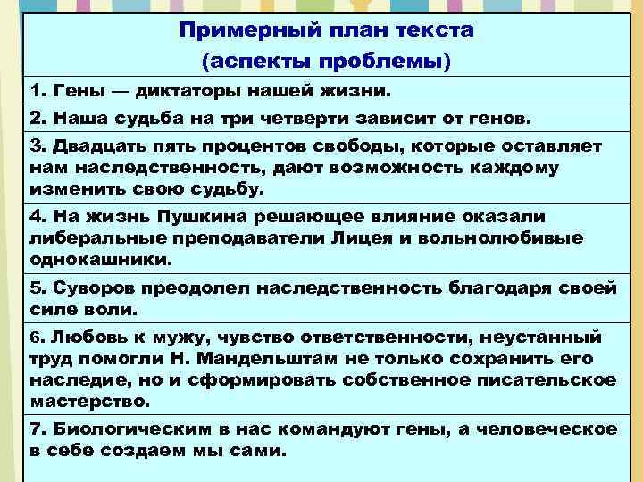 Примерный план текста (аспекты проблемы) 1. Гены — диктаторы нашей жизни. 2. Наша судьба