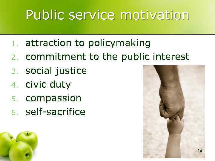 Public service motivation 1. 2. 3. 4. 5. 6. attraction to policymaking commitment to