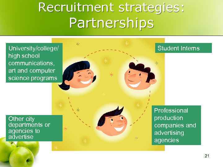 Recruitment strategies: Partnerships University/college/ high school communications, art and computer science programs Other city