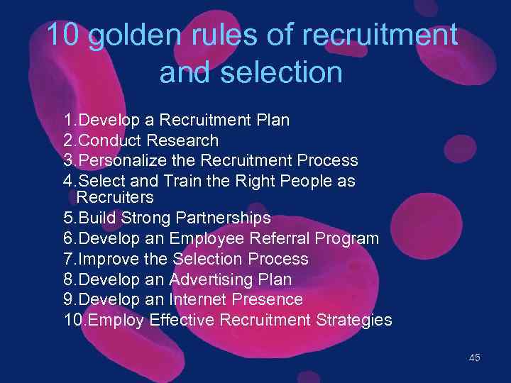 10 golden rules of recruitment and selection 1. Develop a Recruitment Plan 2. Conduct