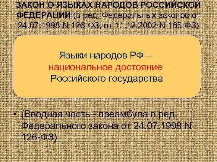 ЗАКОН О ЯЗЫКАХ НАРОДОВ РОССИЙСКОЙ ФЕДЕРАЦИИ (в ред. Федеральных законов от 24. 07. 1998