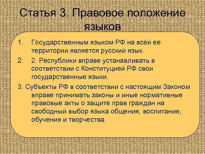 Статья 3. Правовое положение языков 1. Государственным языком РФ на всей ее территории является