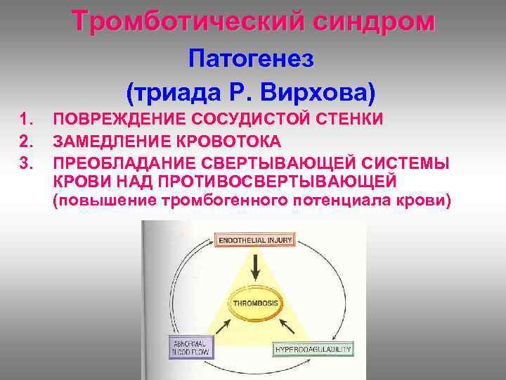 Тромботический синдром Патогенез (триада Р. Вирхова) 1. 2. 3. ПОВРЕЖДЕНИЕ СОСУДИСТОЙ СТЕНКИ ЗАМЕДЛЕНИЕ КРОВОТОКА