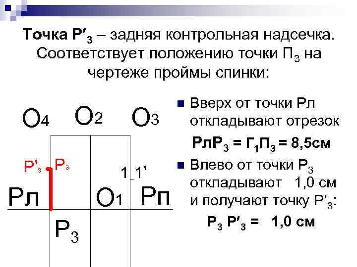Точка Р 3 – задняя контрольная надсечка. Соответствует положению точки П 3 на чертеже