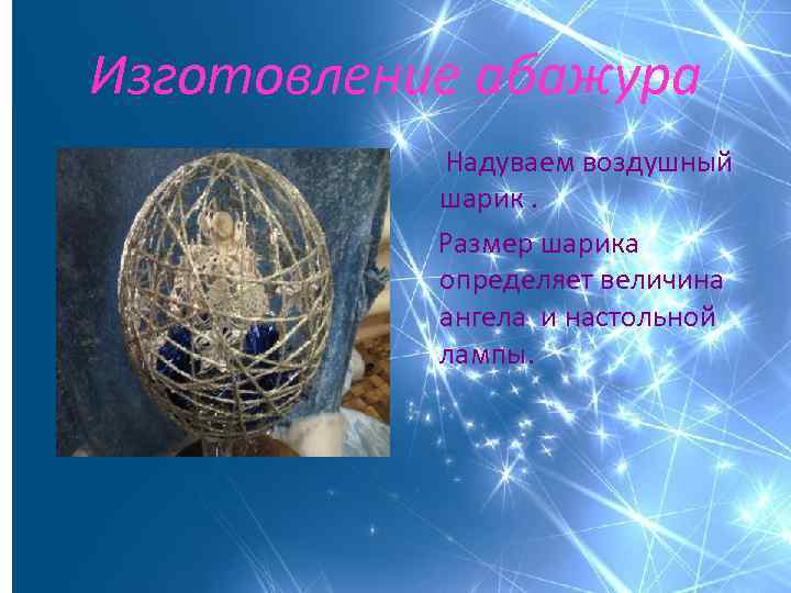 Изготовление абажура Надуваем воздушный шарик. Размер шарика определяет величина ангела и настольной лампы. 
