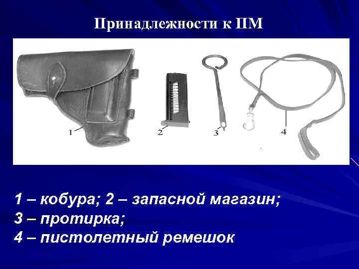 Принадлежности к ПМ 1 – кобура; 2 – запасной магазин; 3 – протирка; 4