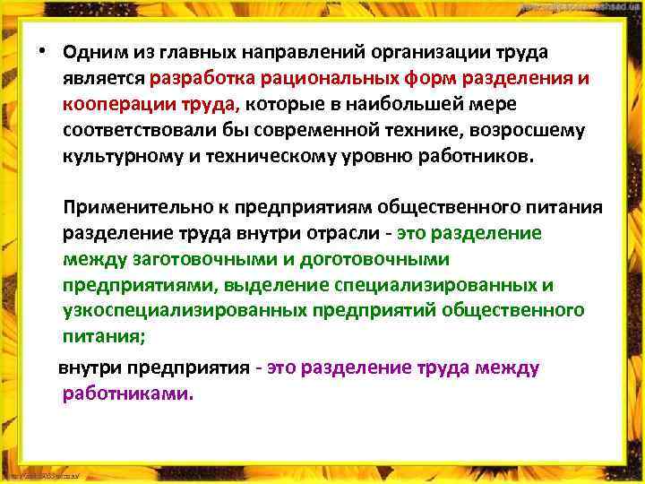  • Одним из главных направлений организации труда является разработка рациональных форм разделения и