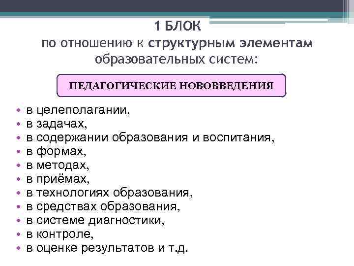 1 БЛОК по отношению к структурным элементам образовательных систем: ПЕДАГОГИЧЕСКИЕ НОВОВВЕДЕНИЯ • • •