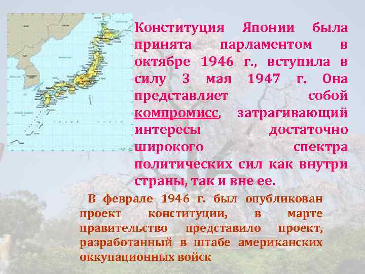 Конституция Японии была принята парламентом в октябре 1946 г. , вступила в силу 3