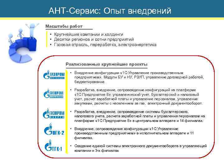 АНТ-Сервис: Опыт внедрений Масштабы работ • Крупнейшие компании и холдинги • Десятки регионов и