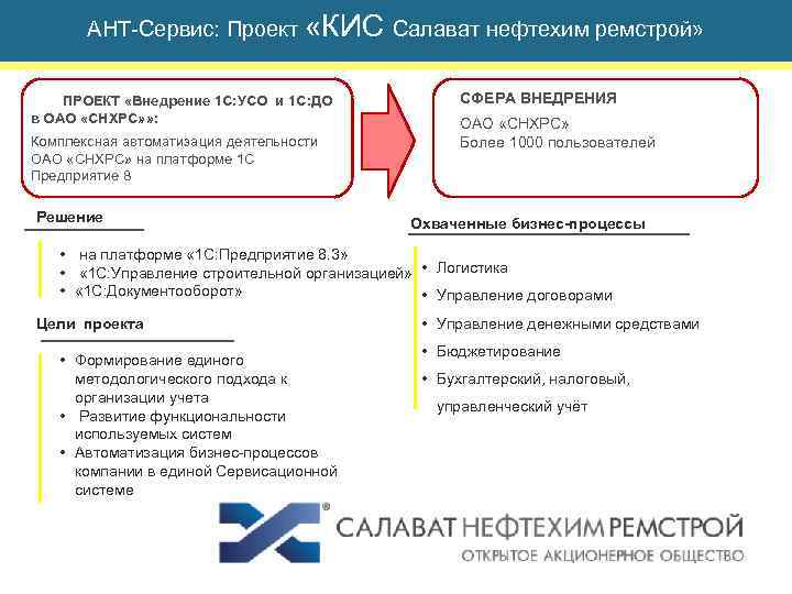 АНТ-Сервис: Проект «КИС Салават нефтехим ремстрой» ПРОЕКТ «Внедрение 1 С: УСО и 1 С: