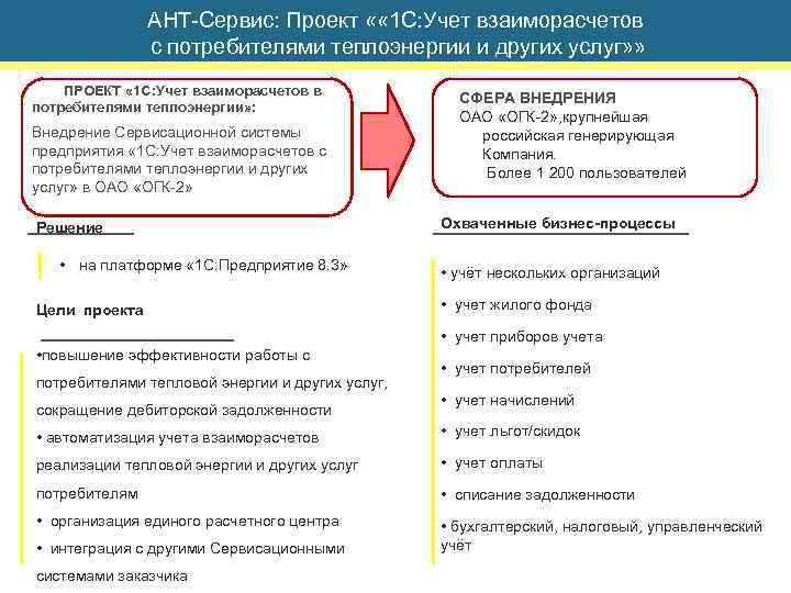 АНТ-Сервис: Проект « « 1 С: Учет взаиморасчетов с потребителями теплоэнергии и других услуг»