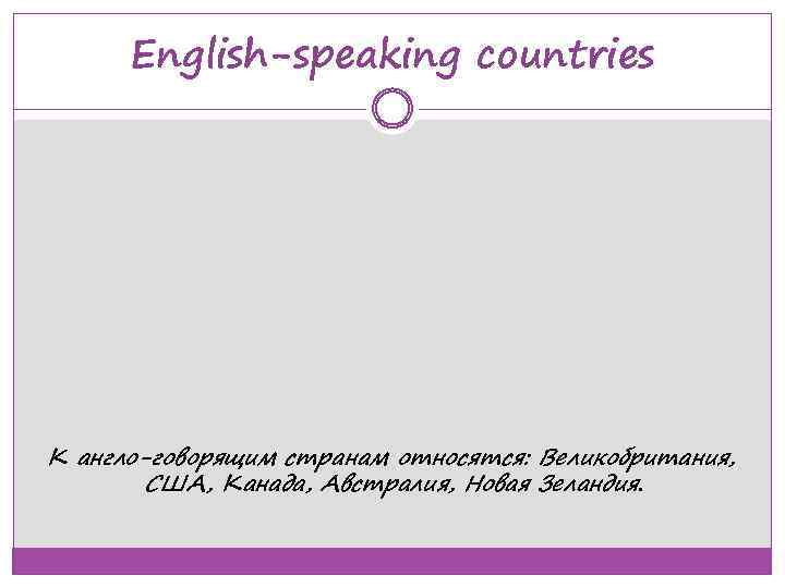 English-speaking countries К англо-говорящим странам относятся: Великобритания, США, Канада, Австралия, Новая Зеландия. 