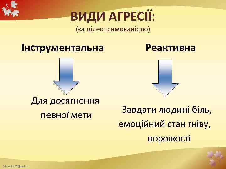 ВИДИ АГРЕСІЇ: (за цілеспрямованістю) Інструментальна Для досягнення певної мети Fokina. Lida. 75@mail. ru Реактивна