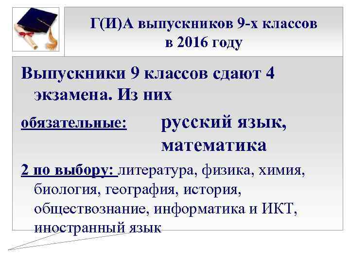 Г(И)А выпускников 9 -х классов в 2016 году Выпускники 9 классов сдают 4 экзамена.