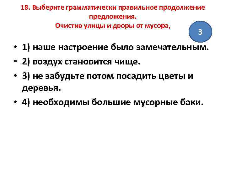 18. Выберите грамматически правильное продолжение предложения. Очистив улицы и дворы от мусора, 3 •