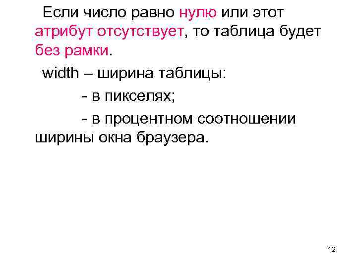 Если число равно нулю или этот атрибут отсутствует, то таблица будет без рамки. width