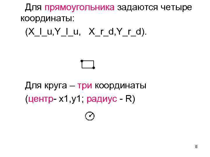 Для прямоугольника задаются четыре координаты: (X_l_u, Y_l_u, X_r_d, Y_r_d). Для круга – три координаты