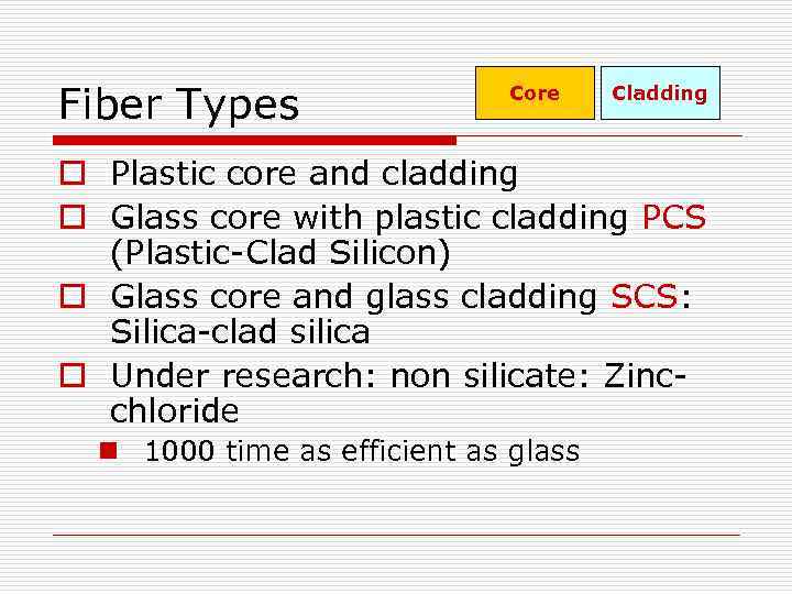 Fiber Types Core Cladding o Plastic core and cladding o Glass core with plastic