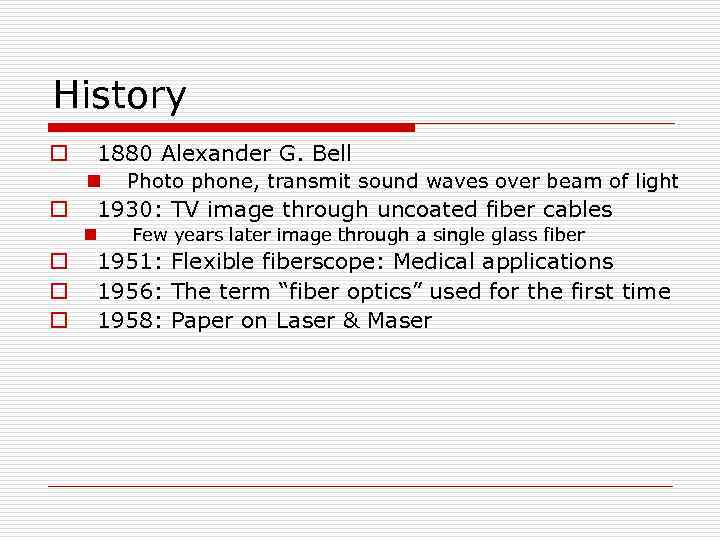 History o 1880 Alexander G. Bell n o 1930: TV image through uncoated fiber