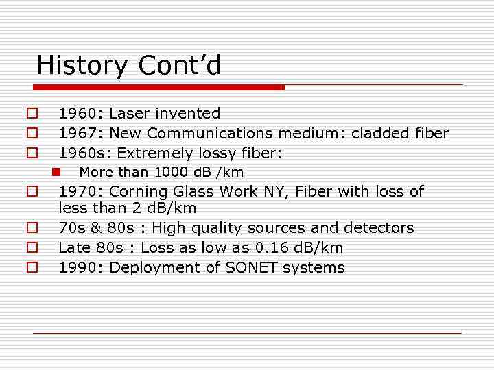 History Cont’d o o o 1960: Laser invented 1967: New Communications medium: cladded fiber