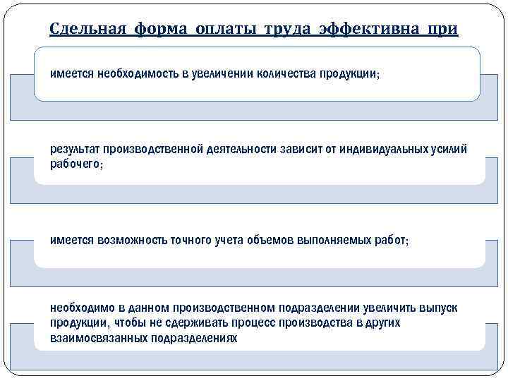 Сдельная форма оплаты труда эффективна при имеется необходимость в увеличении количества продукции; результат производственной