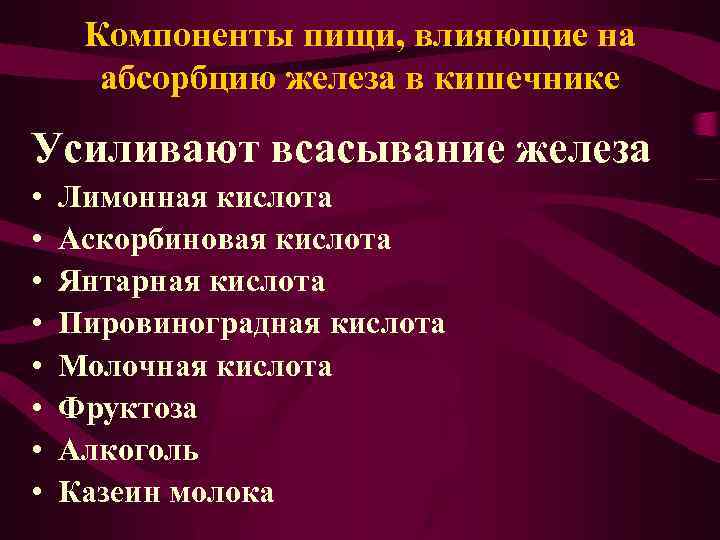 Компоненты пищи, влияющие на абсорбцию железа в кишечнике Усиливают всасывание железа • • Лимонная