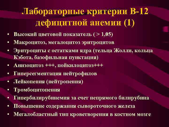 Клинические рекомендации б12 анемия. Диагностические критерии в12 дефицитной анемии.