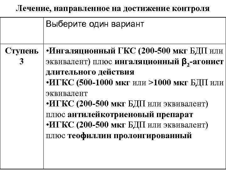 Лечение, направленное на достижение контроля Выберите один вариант Ступень • Ингаляционный ГКС (200 -500