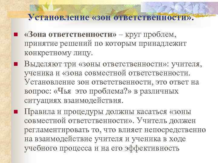 Установление «зон ответственности» . n n n «Зона ответственности» – круг проблем, принятие решений