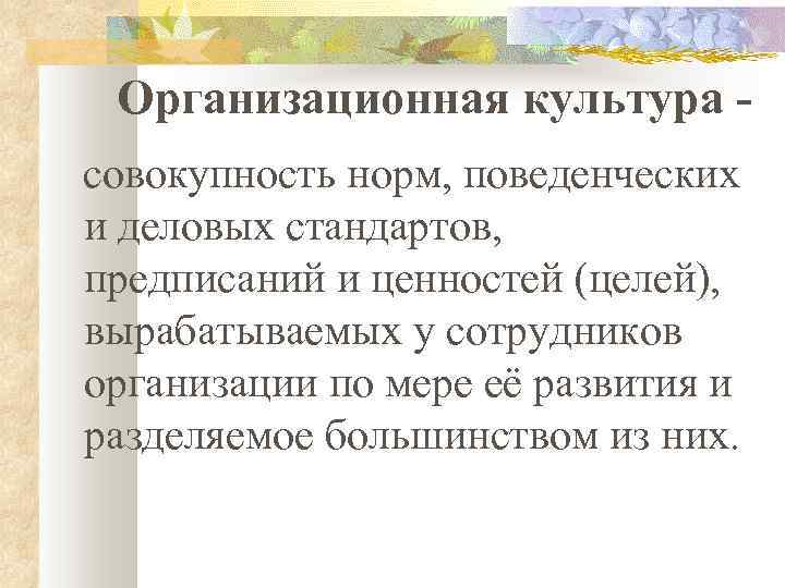 Организационная культура совокупность норм, поведенческих и деловых стандартов, предписаний и ценностей (целей), вырабатываемых у