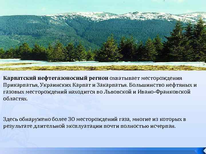 Карпатский нефтегазоносный регион охватывает месторождения Прикарпатья, Украинских Карпат и Закарпатья. Большинство нефтяных и газовых