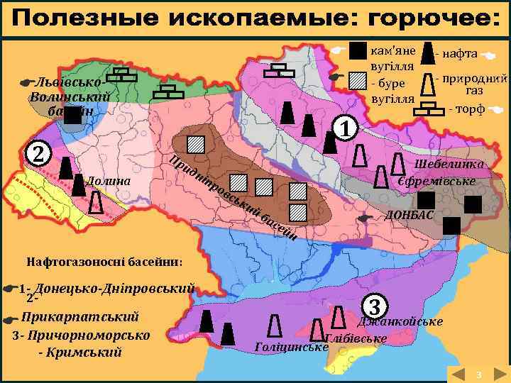  Львівсько- Волинський басейн 2 - кам'яне вугілля - буре вугілля 1 Пр Долина