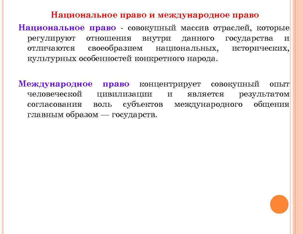 Национальное право и международное право Национальное право - совокупный массив отраслей, которые регулируют отношения