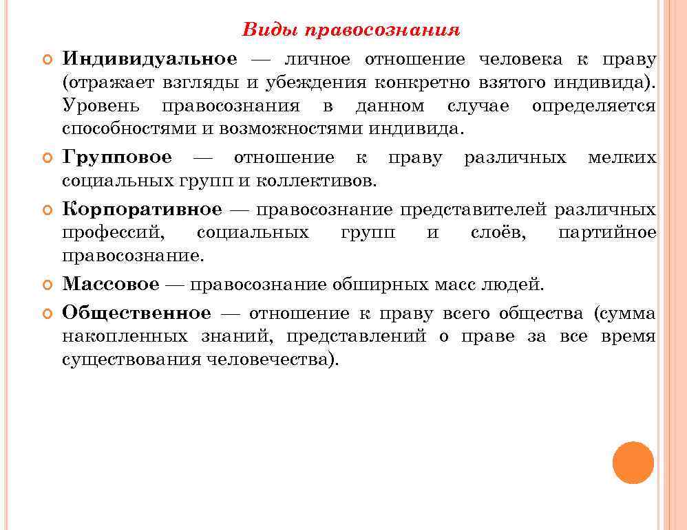  Виды правосознания Индивидуальное — личное отношение человека к праву (отражает взгляды и убеждения